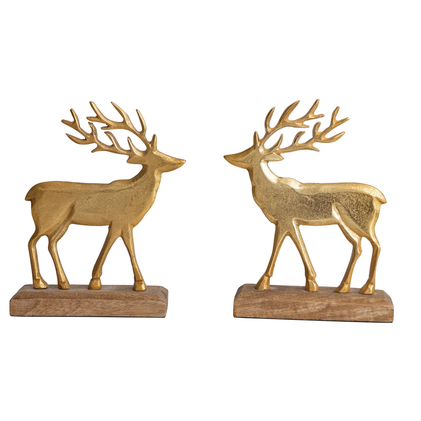 Cast Aluminum Deer on Mango Wood Bases, Gold Finish & Natural, Set of 2