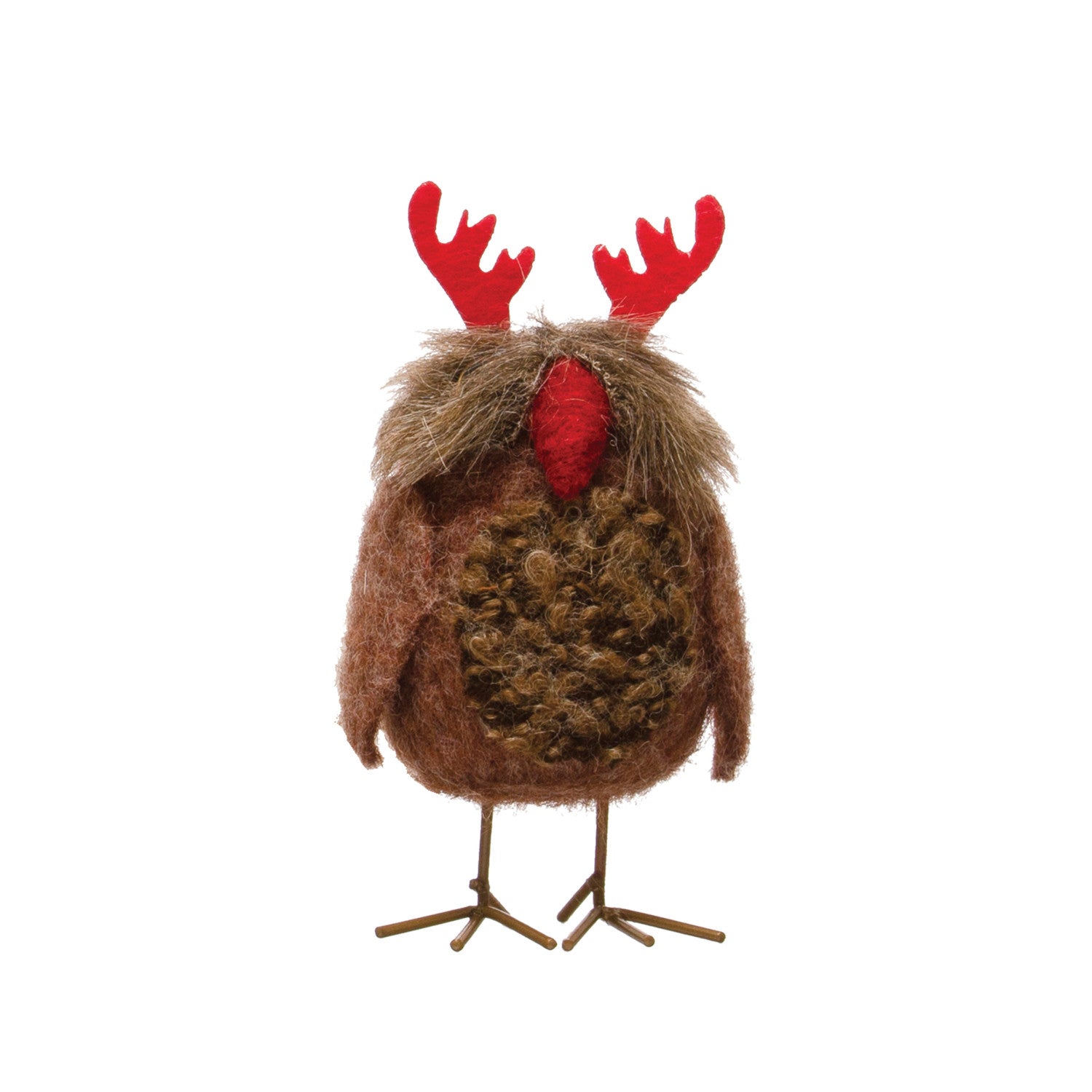 2-1/4"L x 2"W x 4-1/4"H Wool Felt Owl w/ Antlers, Brown & Red