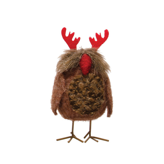 2-1/4"L x 2"W x 4-1/4"H Wool Felt Owl w/ Antlers, Brown & Red