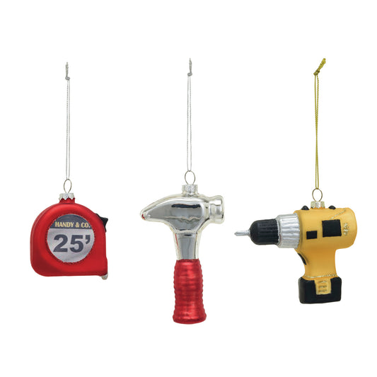 Glass Construction Tool Ornament w/ Glitter, 3 Styles