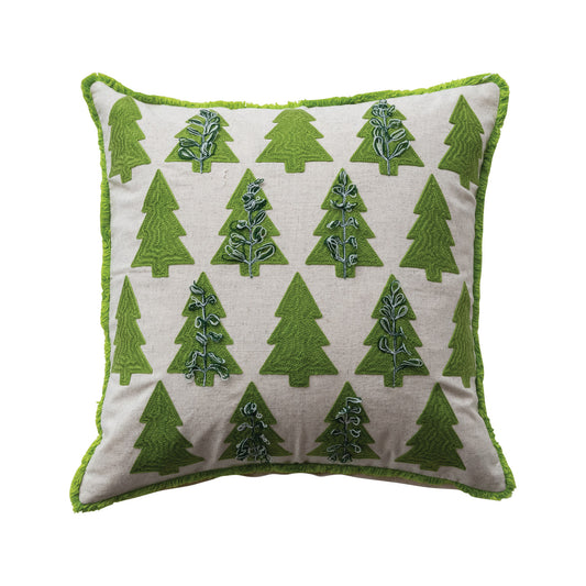 20" Square Pillow with Embroidered Trees Pattern & Eyelash Fringe
