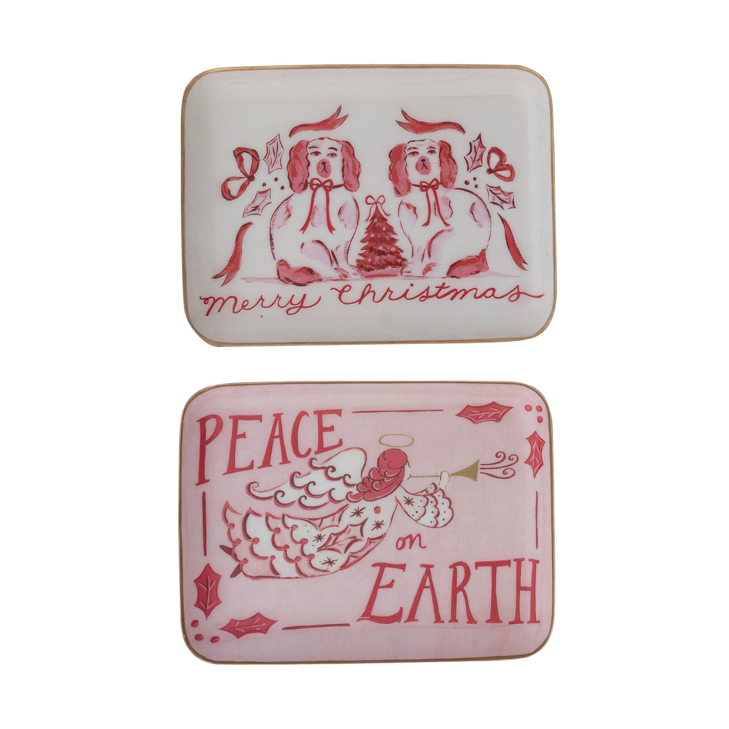 Enameled Metal Tray with Holiday Saying, Image & Gold Edge, 2 Styles ©