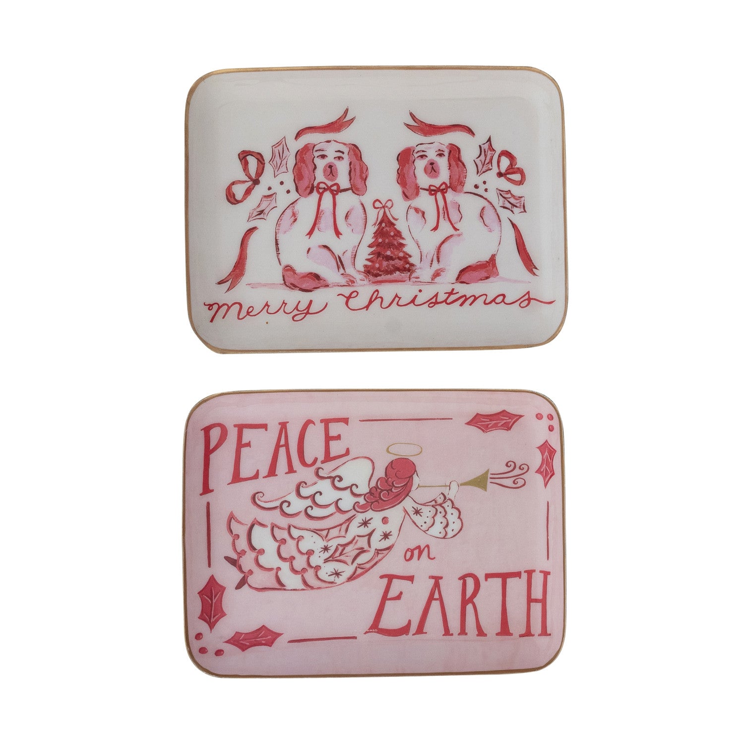 Enameled Metal Tray with Holiday Saying, Image & Gold Edge, 2 Styles ©