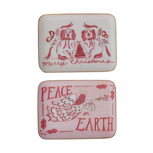 Enameled Metal Tray with Holiday Saying, Image & Gold Edge, 2 Styles ©