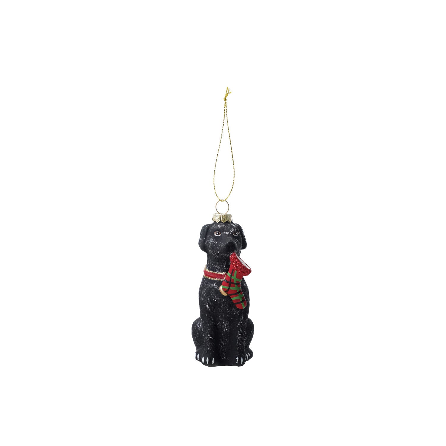 Glass Labrador with Plaid Stocking Ornament, Black, Red & Green