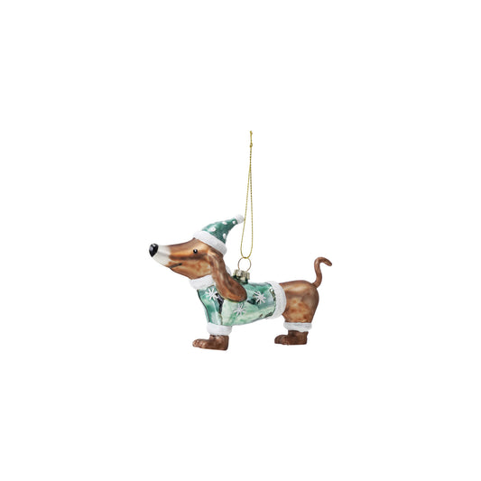 Glass & Resin Dog in Holiday Sweater & Hat Ornament with Glitter