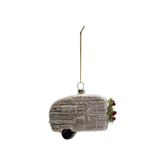 4-1/4"L Flocked Glass Camper Ornament with Snow, White