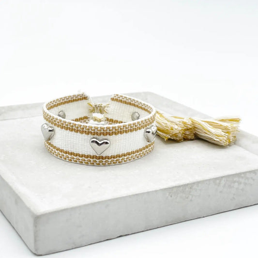 White Tan Hearts Woven Bracelet